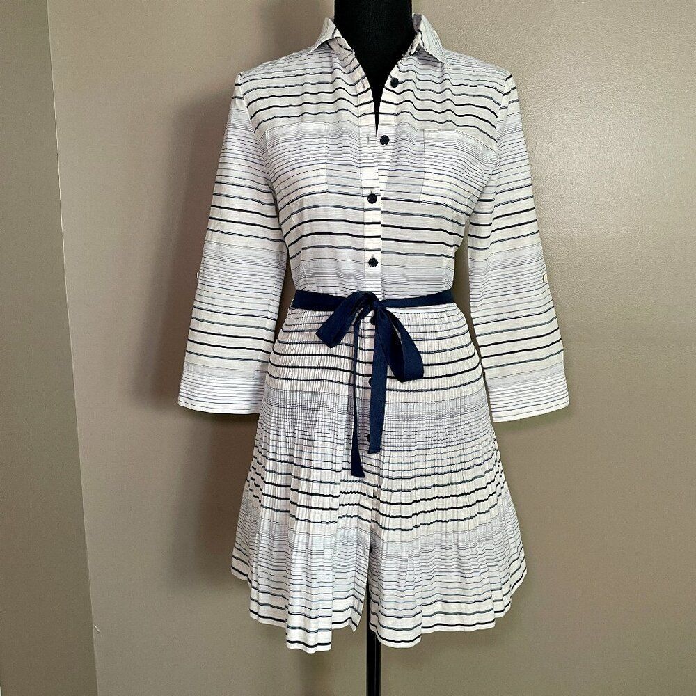 SONIA by Sonia Rykiel Striped Belted Shirt Dress FR 38 Ivory Navy